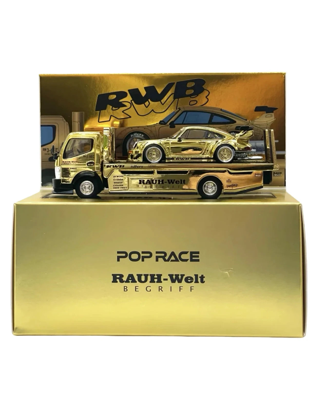 Pop Race 1:64 Gold Chrome RWB 930 & Fuso Truck Set - HEC 2026 Exclusive Sealed