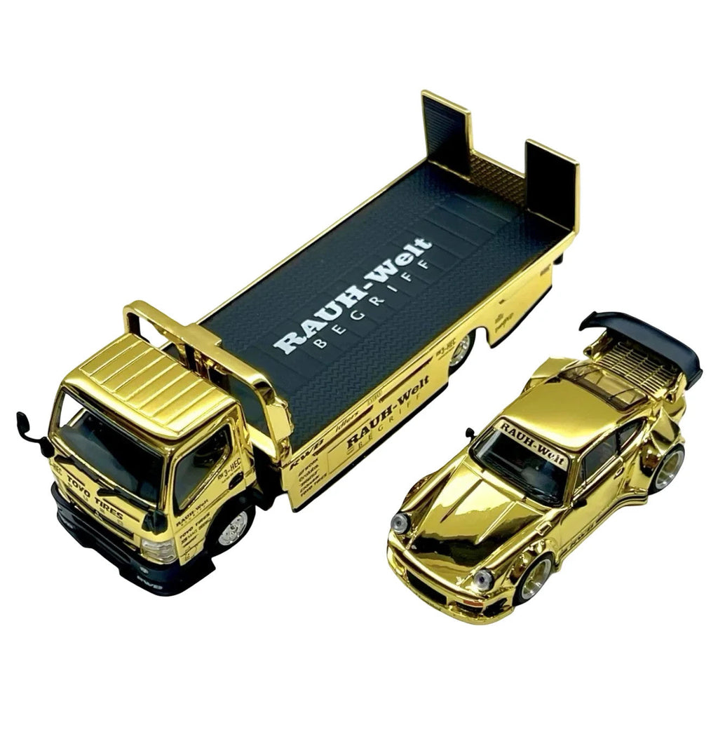 Pop Race 1:64 Gold Chrome RWB 930 & Fuso Truck Set - HEC 2026 Exclusive Sealed