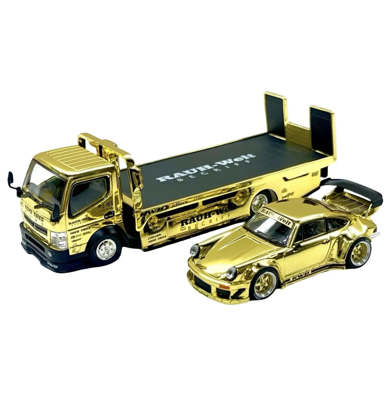 Pop Race 1:64 Gold Chrome RWB 930 & Fuso Truck Set - HEC 2026 Exclusive Sealed