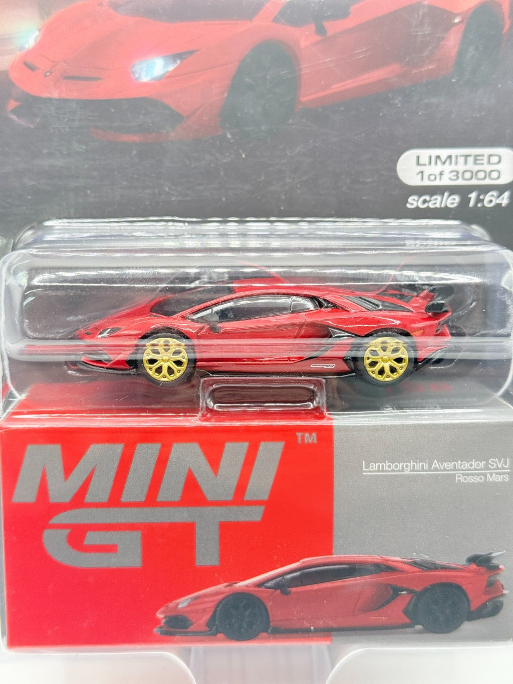 MINI GT 1:64 Lamborghini Aventador SVJ Rosso Mars Rare CHASE Gold Wheels