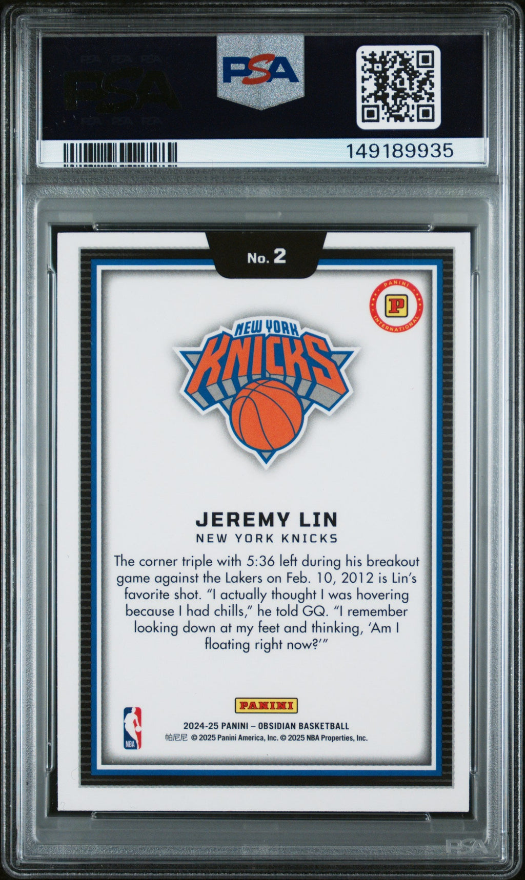 2024 Panini Obsidian International - #2 Jeremy Lin - Black Color Blast Case Hit - PSA Graded Card