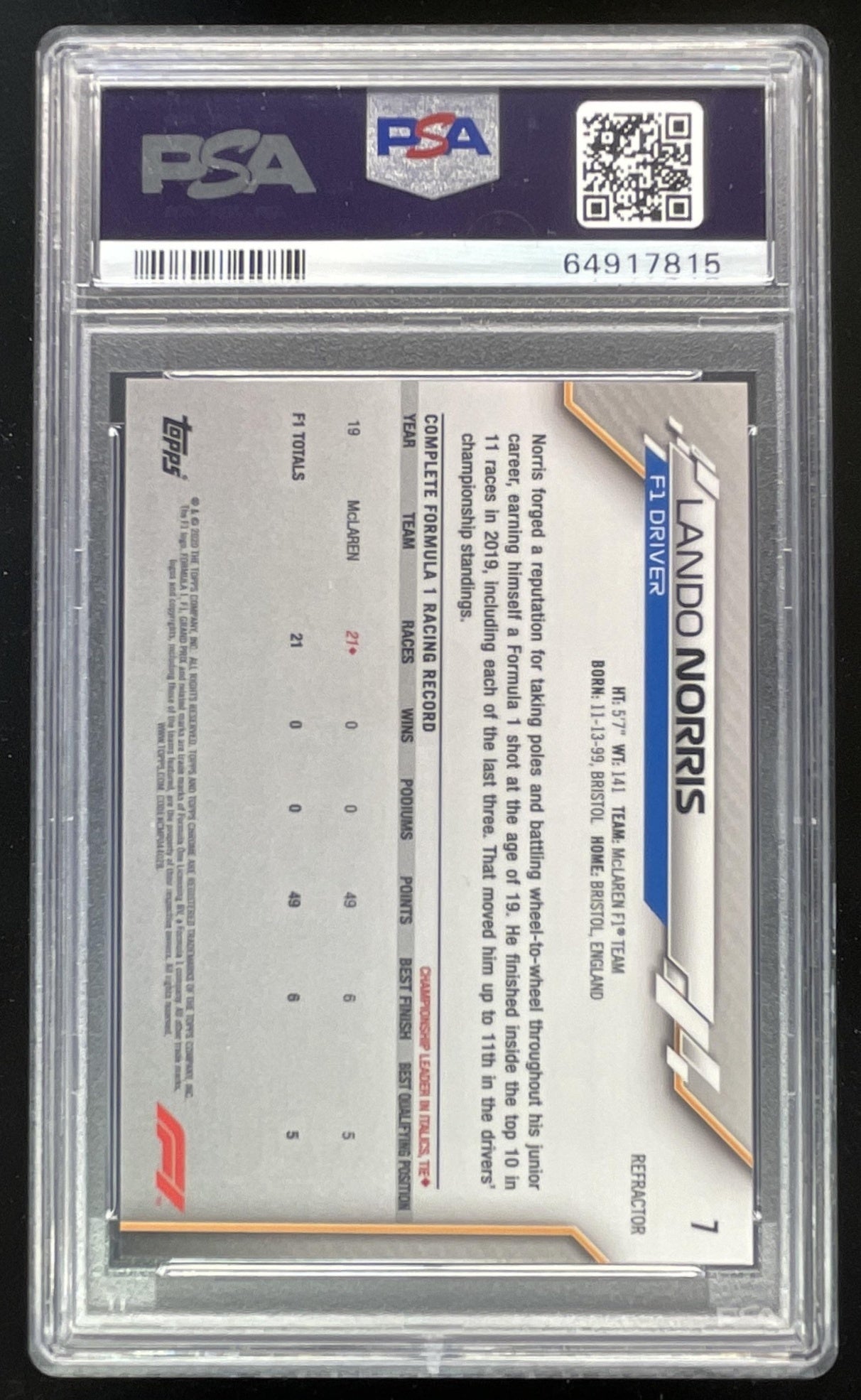 2020 Topps Chrome Formula 1 Refractor #7 Lando Norris RC PSA 10