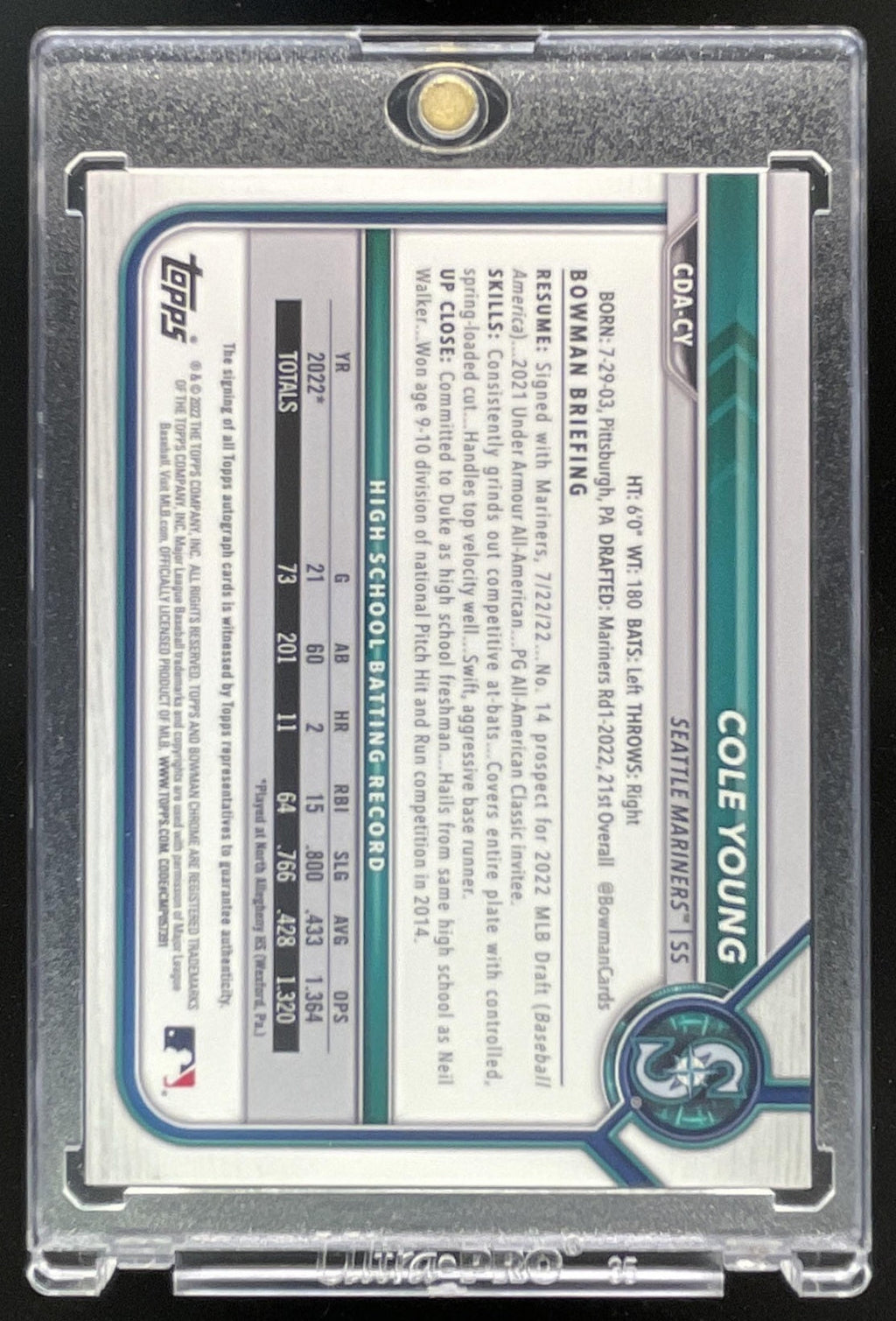 2022 Bowman Draft Chrome Pick Gold Wave Refractor #CDA-CY Cole Young RC Auto /50