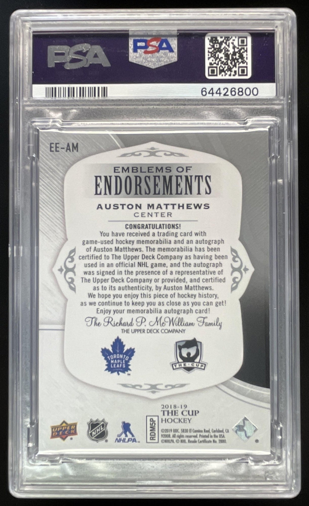 2018 The Cup Emblems Endorsement Autograph Patch Auston Matthews Auto /15 PSA 8