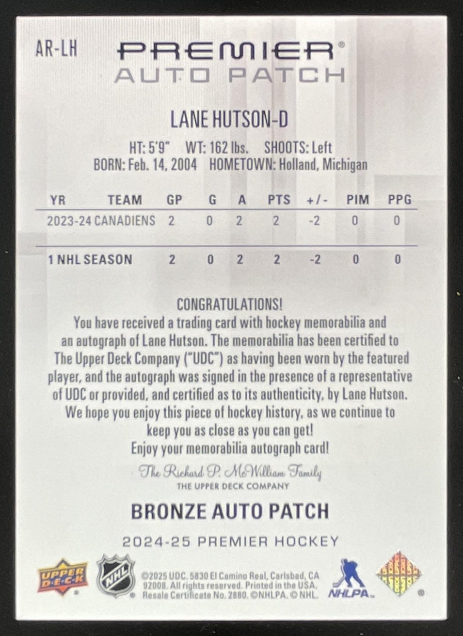 2024 Upper Deck Premier Acetate Patch #AR-LH Lane Hutson Autograph RC Auto /99
