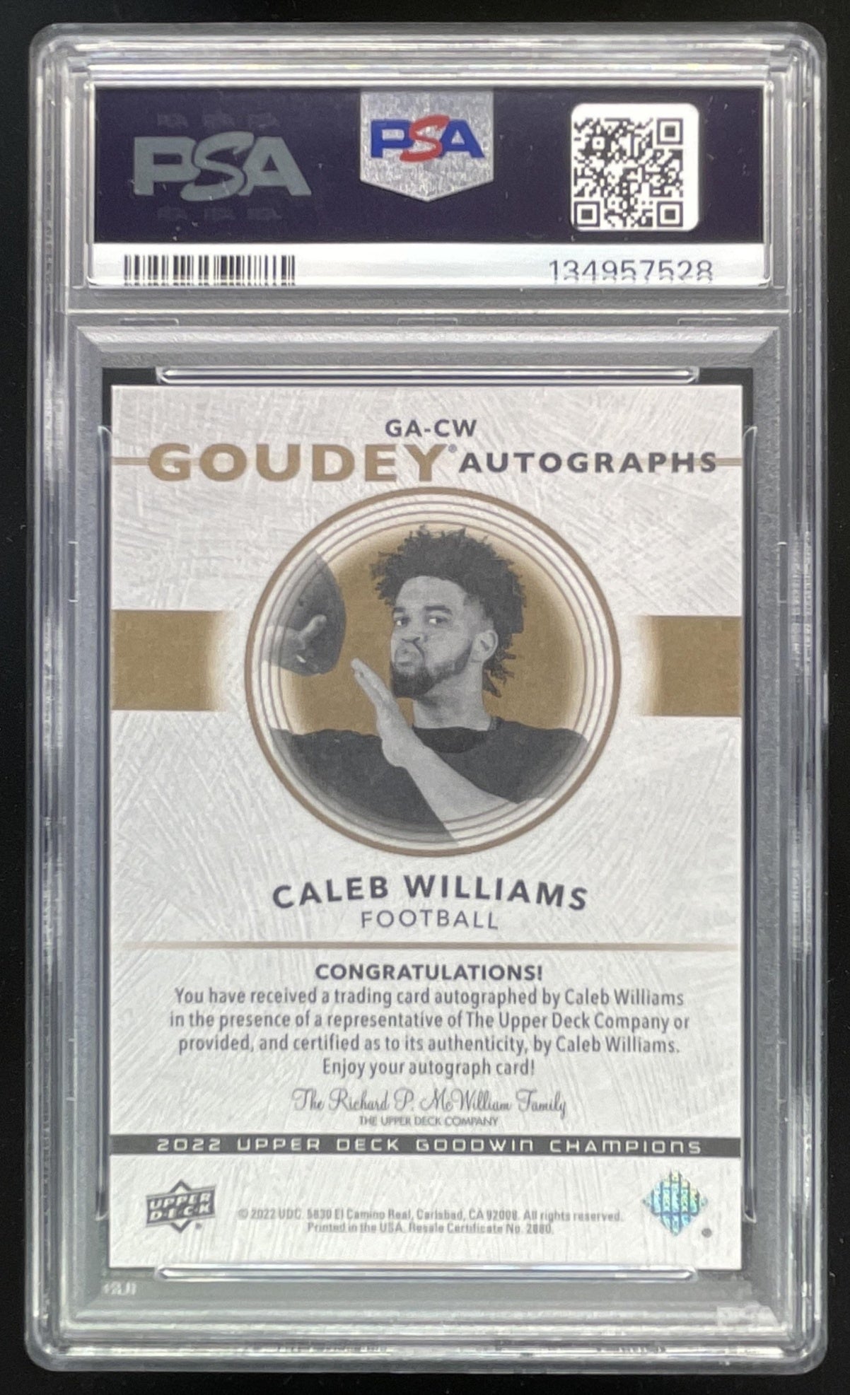 2022 Upper Deck Goodwin Champions Goudey #GA-CW Caleb Williams Auto PSA 10