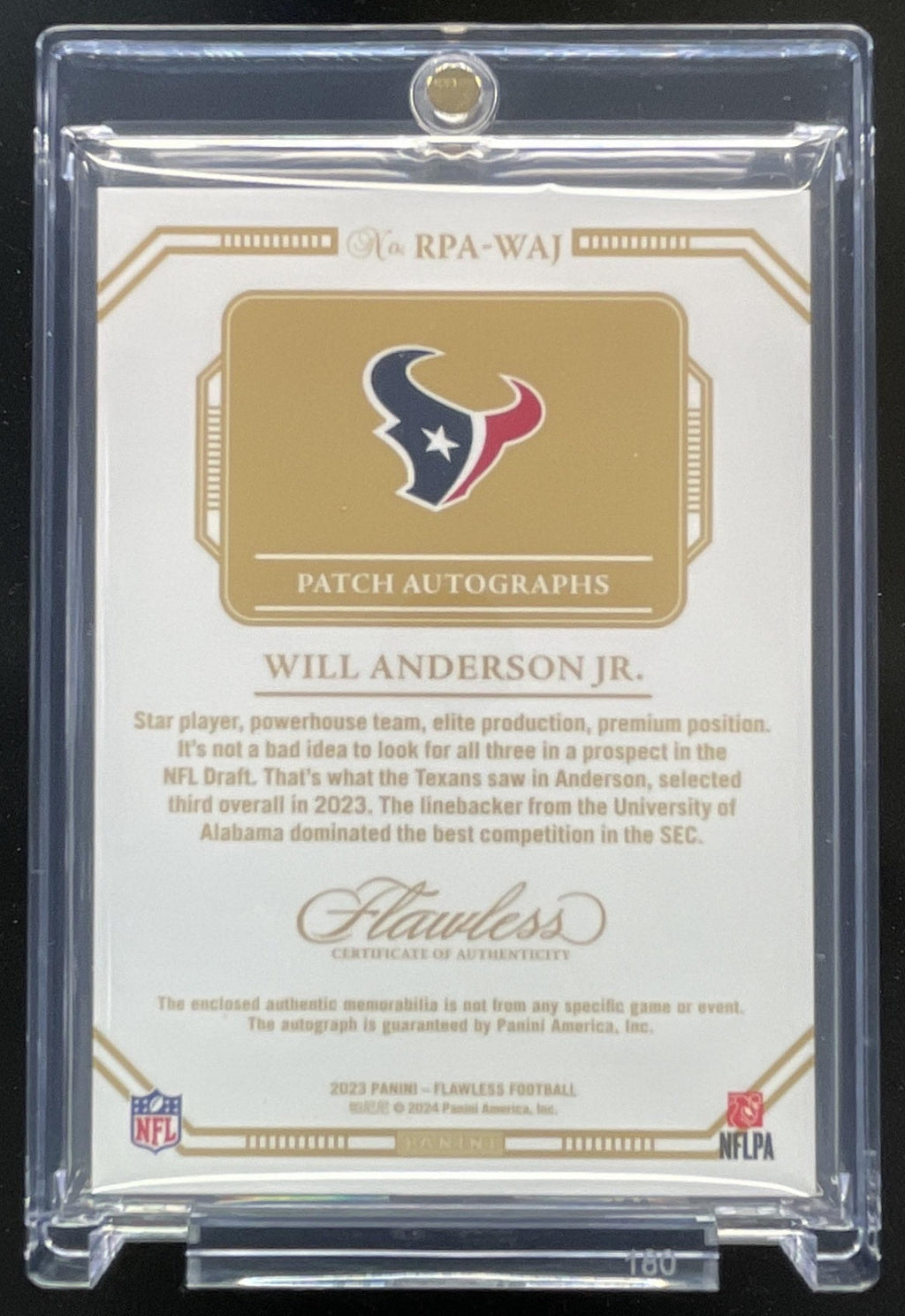 2023 Flawless Rookie Patch Sapphire #4 Will Anderson Jr. RC Auto /10