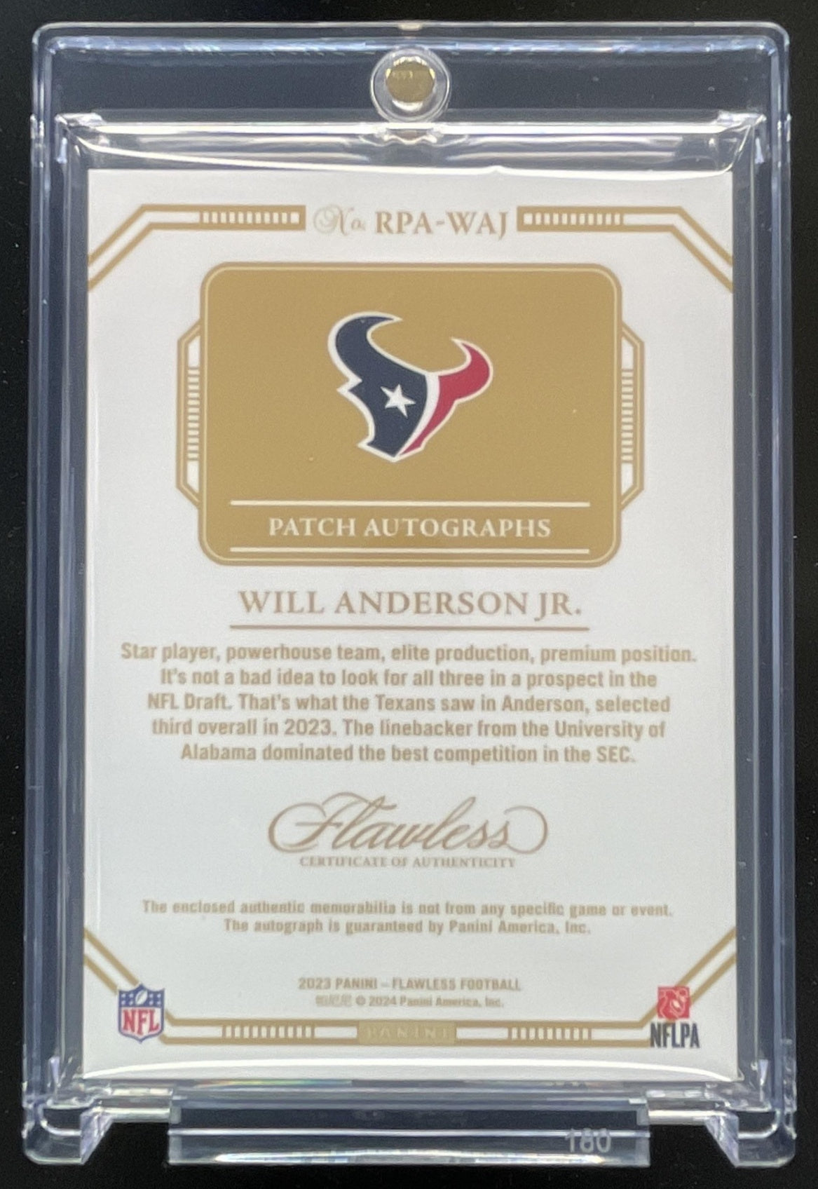 2023 Flawless Rookie Patch Sapphire #4 Will Anderson Jr. RC Auto /10