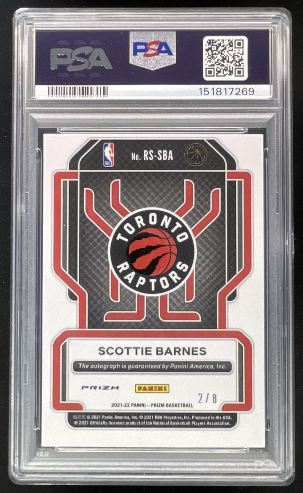 2021-22 Prizm Prizms Choice Green #RS-SBA Scottie Barnes RC Auto /8 PSA 7
