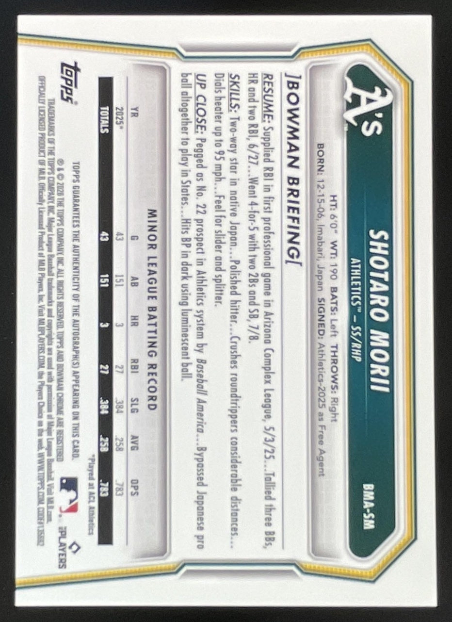 2026 Bowman Mega Box Chrome Prospect Mojo  #BMA-SM Shotaro Morii Auto