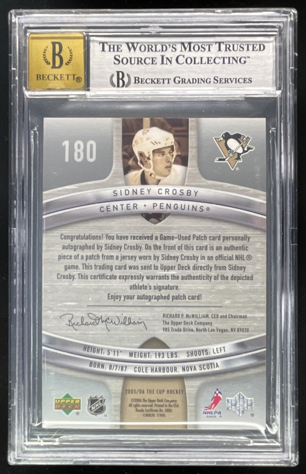 2005-06 The Cup Rookie Patch Autograph #180 Sidney Crosby RC Auto /99 BGS 8.5