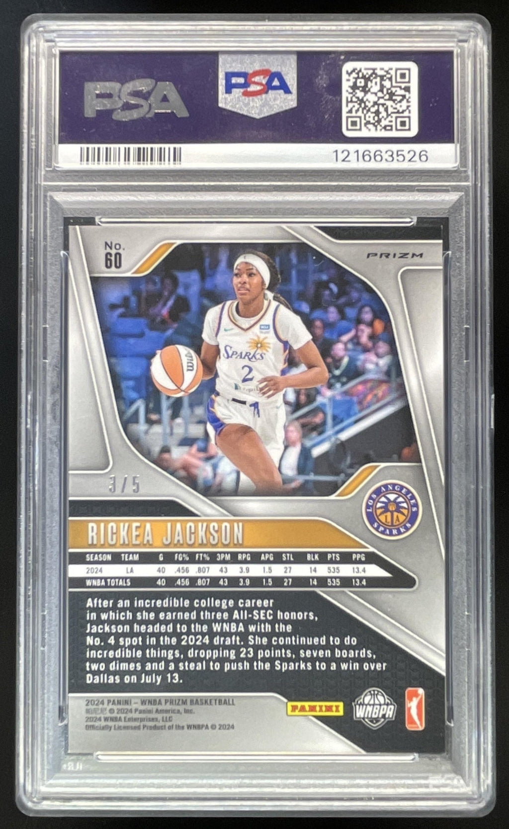 2024 Panini WNBA Prizm Black Gold Prizm #60 Rickea Jackson RC /5 PSA 9