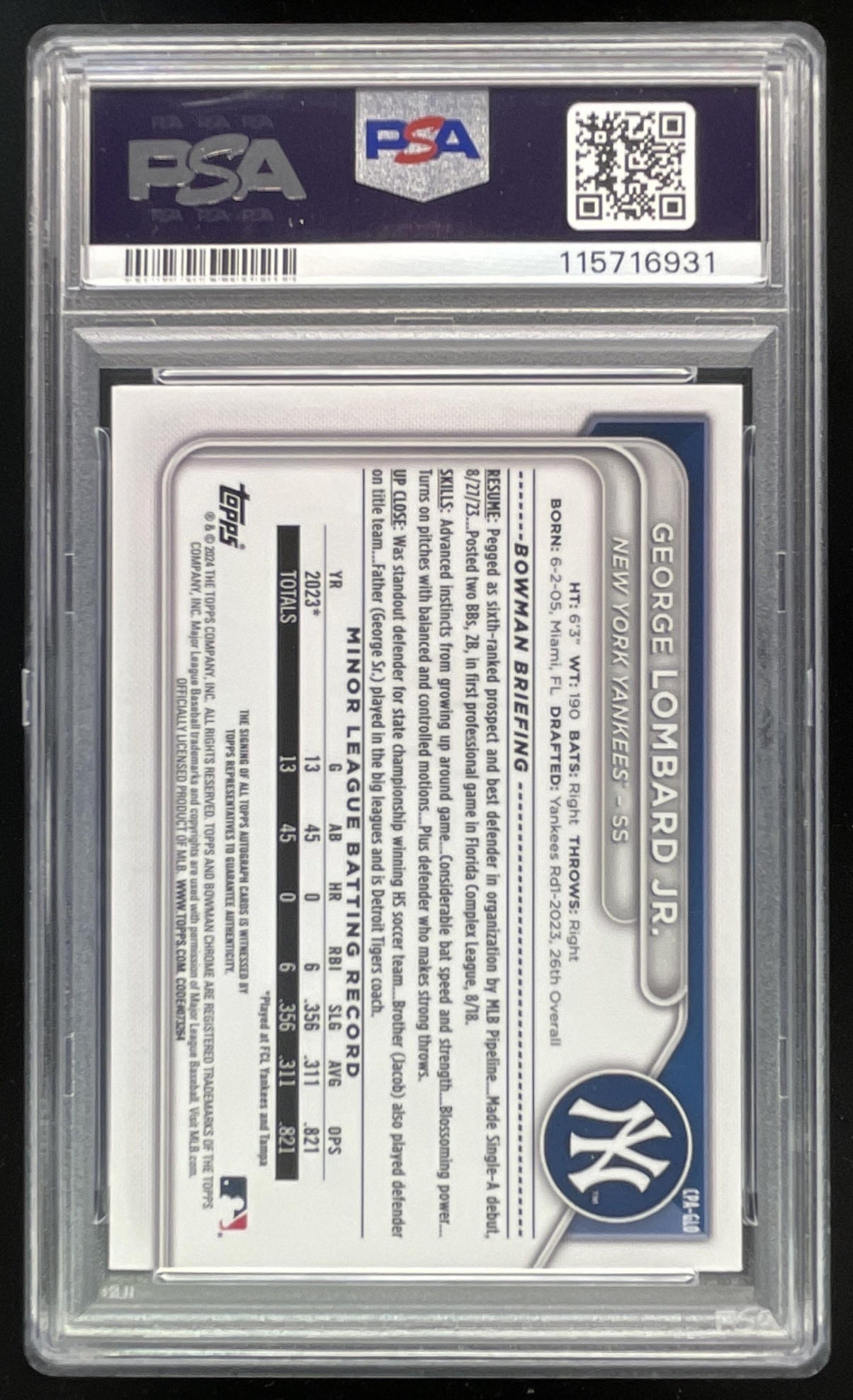 2024 Bowman Chrome Prospect Autograph #CPA-GLO George Lombard Jr. RC Auto PSA 10