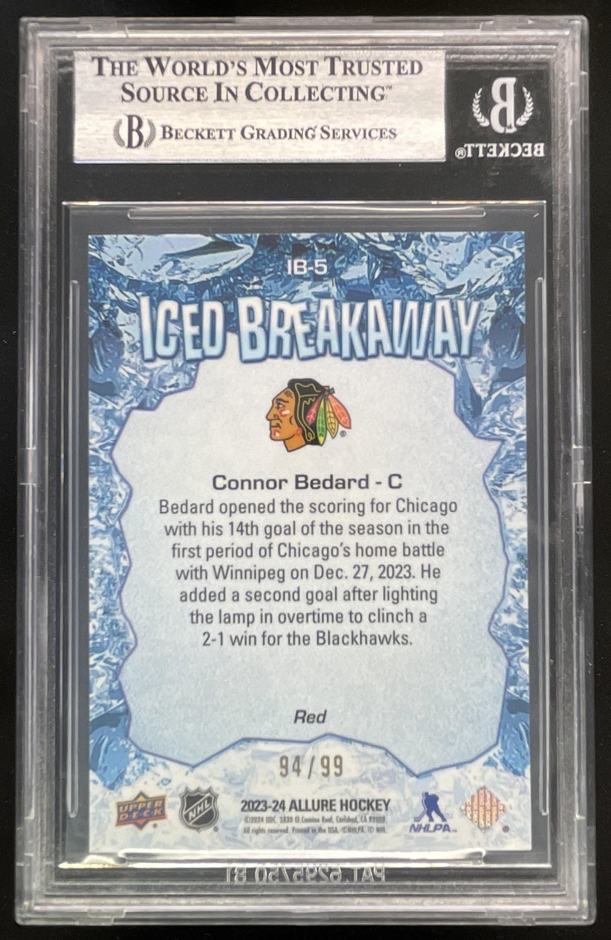 2023-24 Upper Deck Allure Iced Breakaway Red #IB-5 Connor Bedard RC /99 BGS 9