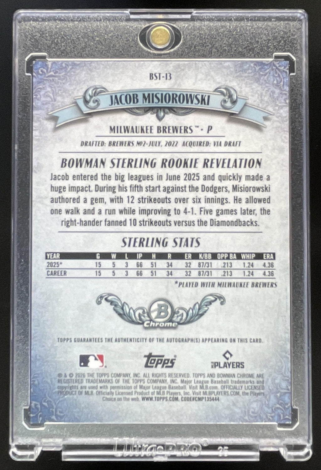2026 Bowman Sterling Chrome Gold  #BST-13 Jacob Misiorowski RC Auto /50