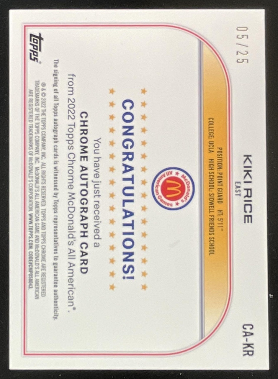 2022 Topps Chrome McDonald's All American Orange Basketball Kiki Rice Auto /25