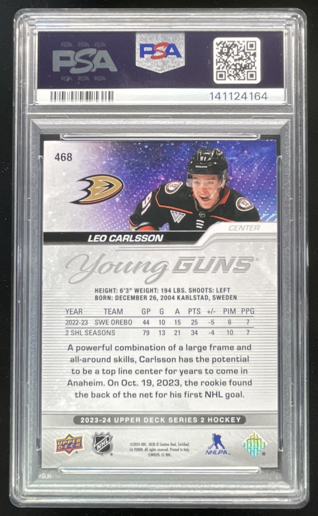 2023-24 Upper Deck #468 Leo Carlsson Young Guns RC PSA 10