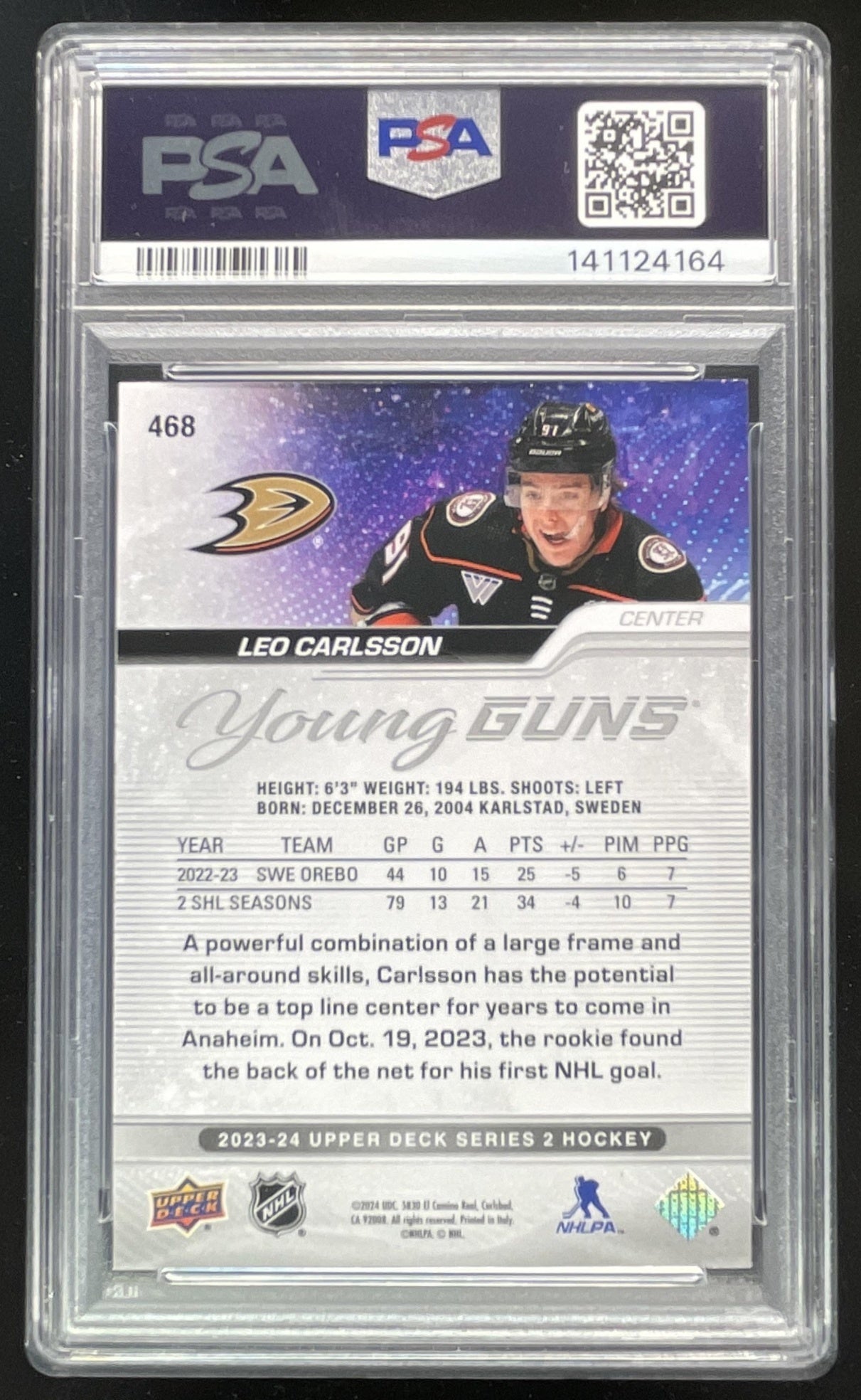 2023-24 Upper Deck #468 Leo Carlsson Young Guns RC PSA 10