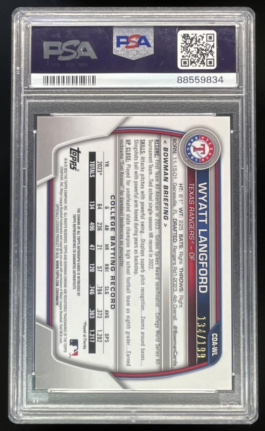 2023 Bowman Draft Chrome Aqua Lava  #CDA-WL Wyatt Langford RC Auto /199 PSA 9