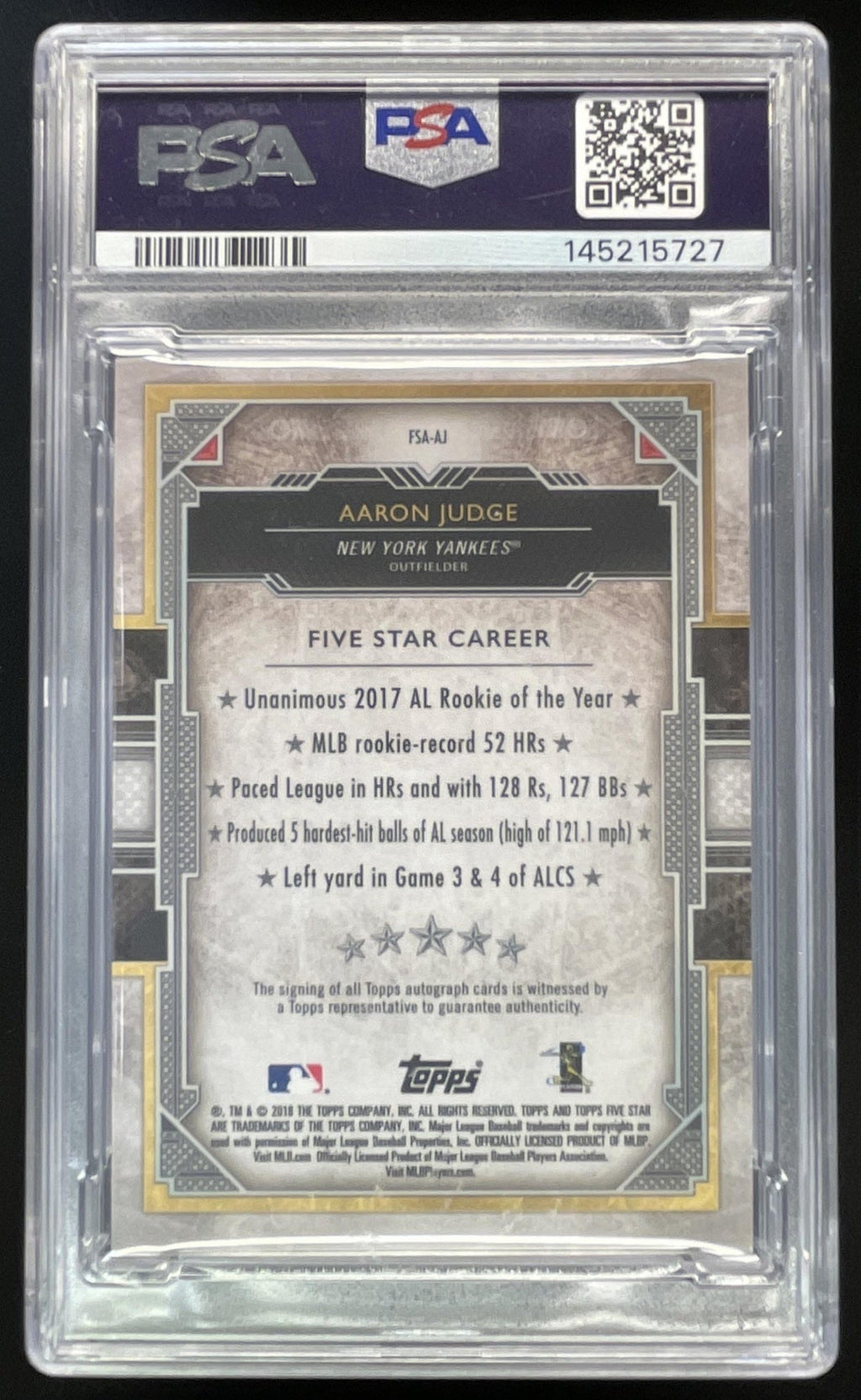 2018 Topps Five Star Gold #FSA-AJ Aaron Judge Auto /10 PSA 8
