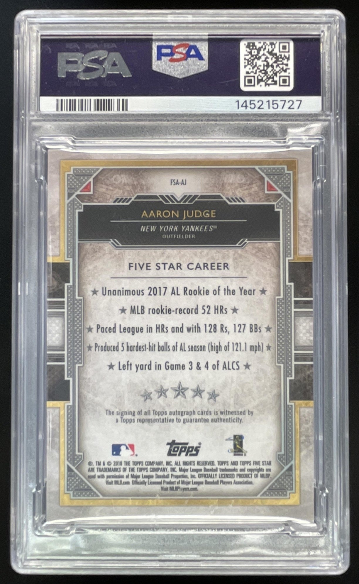 2018 Topps Five Star Gold #FSA-AJ Aaron Judge Auto /10 PSA 8