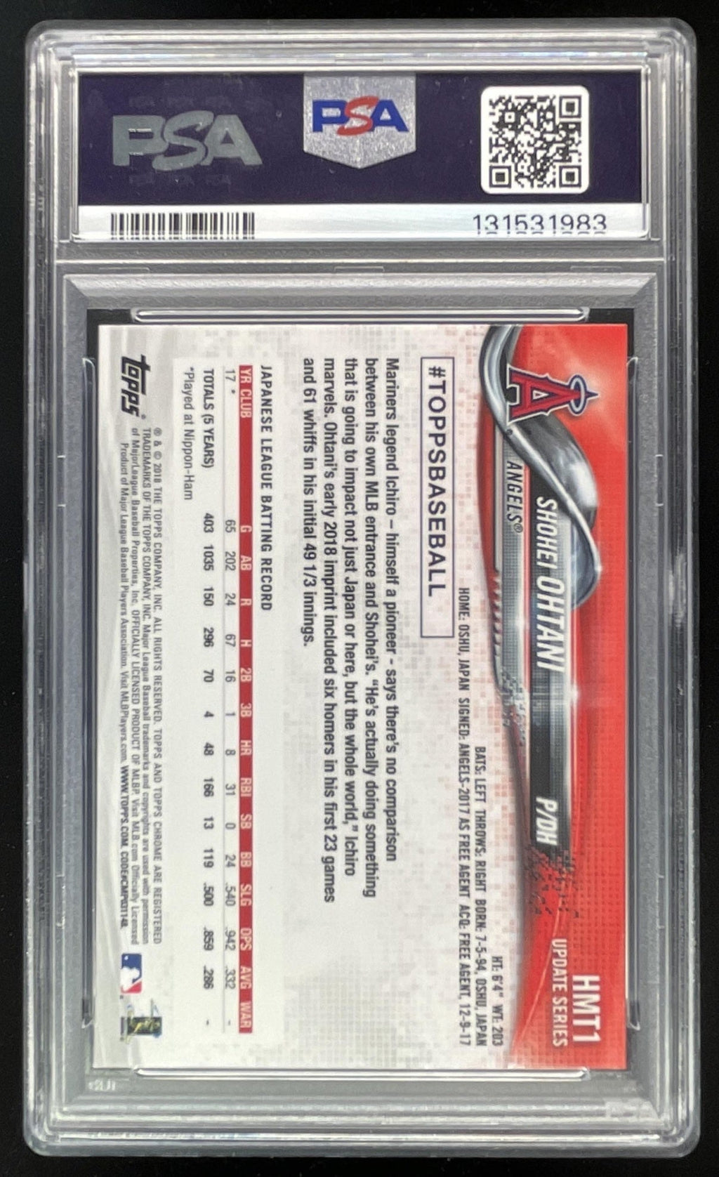 2018 Topps Chrome Update #HMT1 Shohei Ohtani RC PSA 9