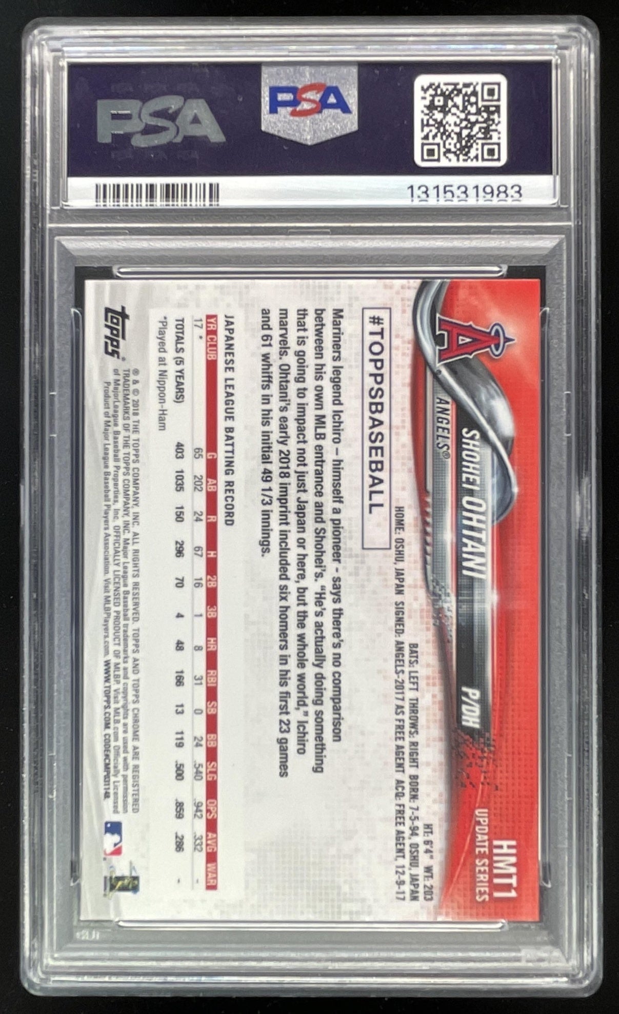 2018 Topps Chrome Update #HMT1 Shohei Ohtani RC PSA 9