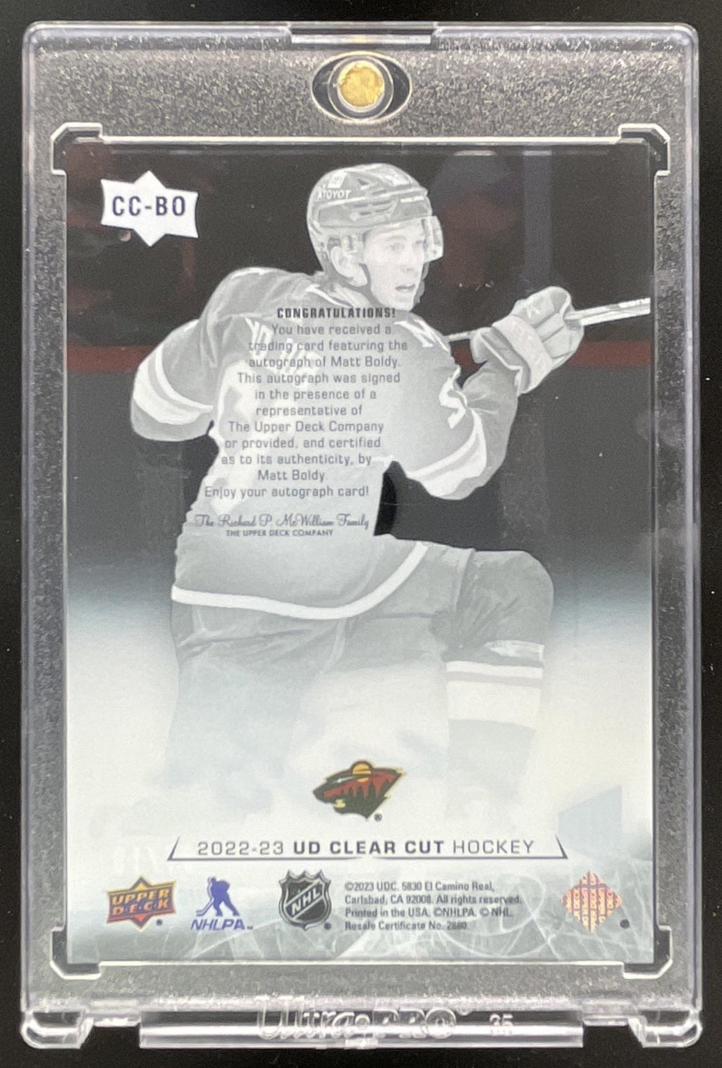 2022-23 Upper Deck Clear Cut 2022 23 High Gloss #CC-BO Matt Boldy RC Auto /10