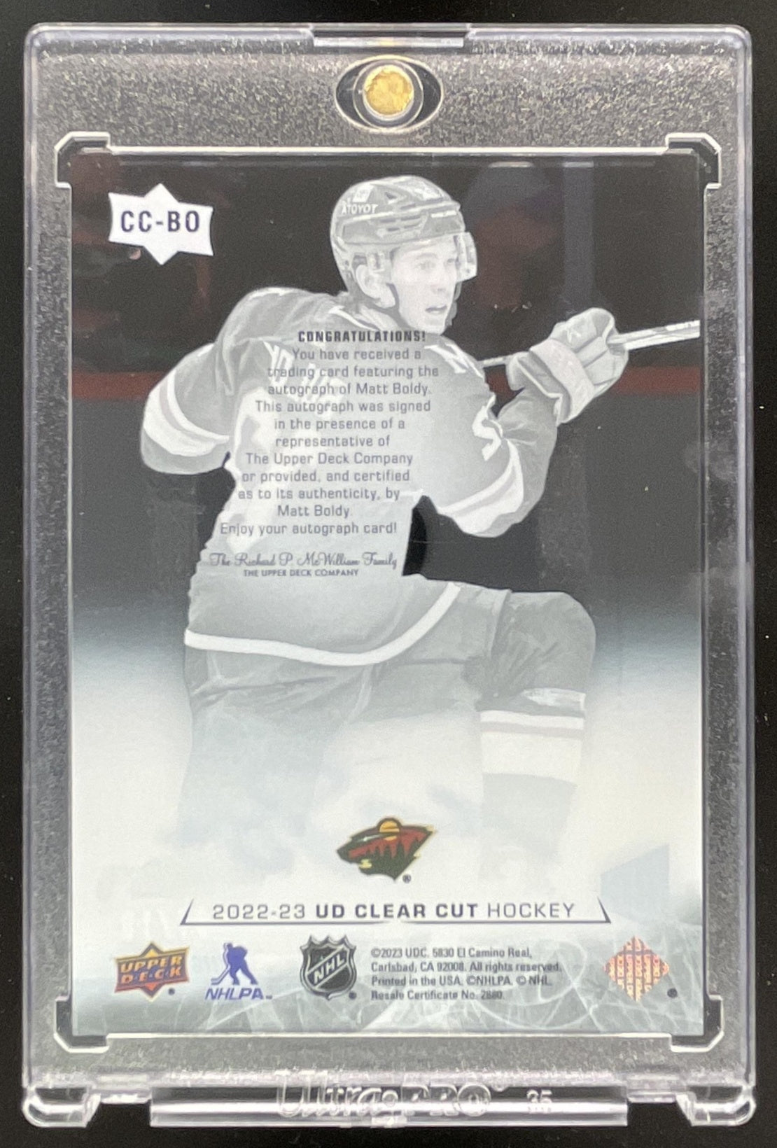 2022-23 Upper Deck Clear Cut 2022 23 High Gloss #CC-BO Matt Boldy RC Auto /10