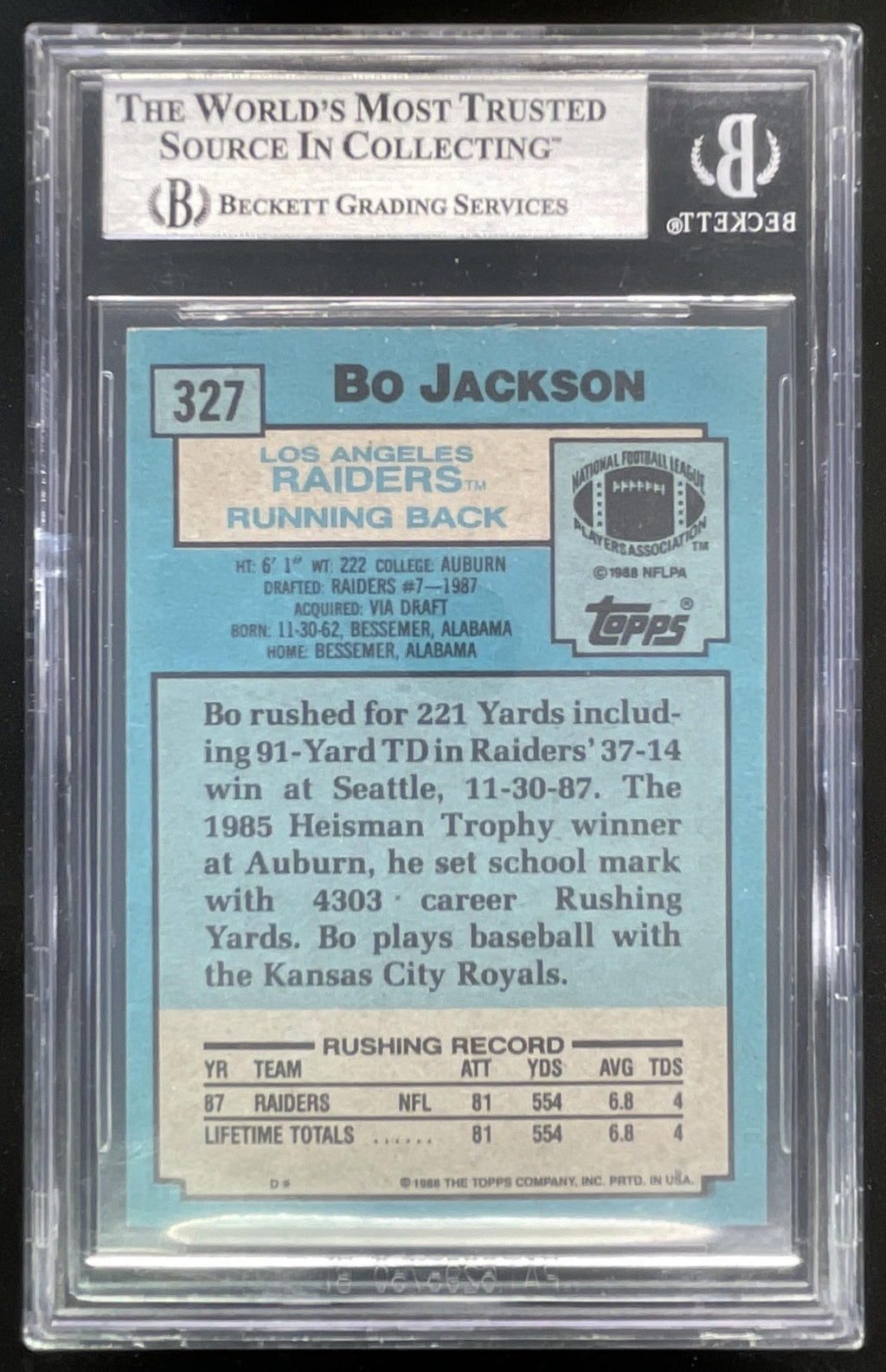1988 Topps #327 Bo Jackson Rookie Autograph RC Auto BGS Authentic