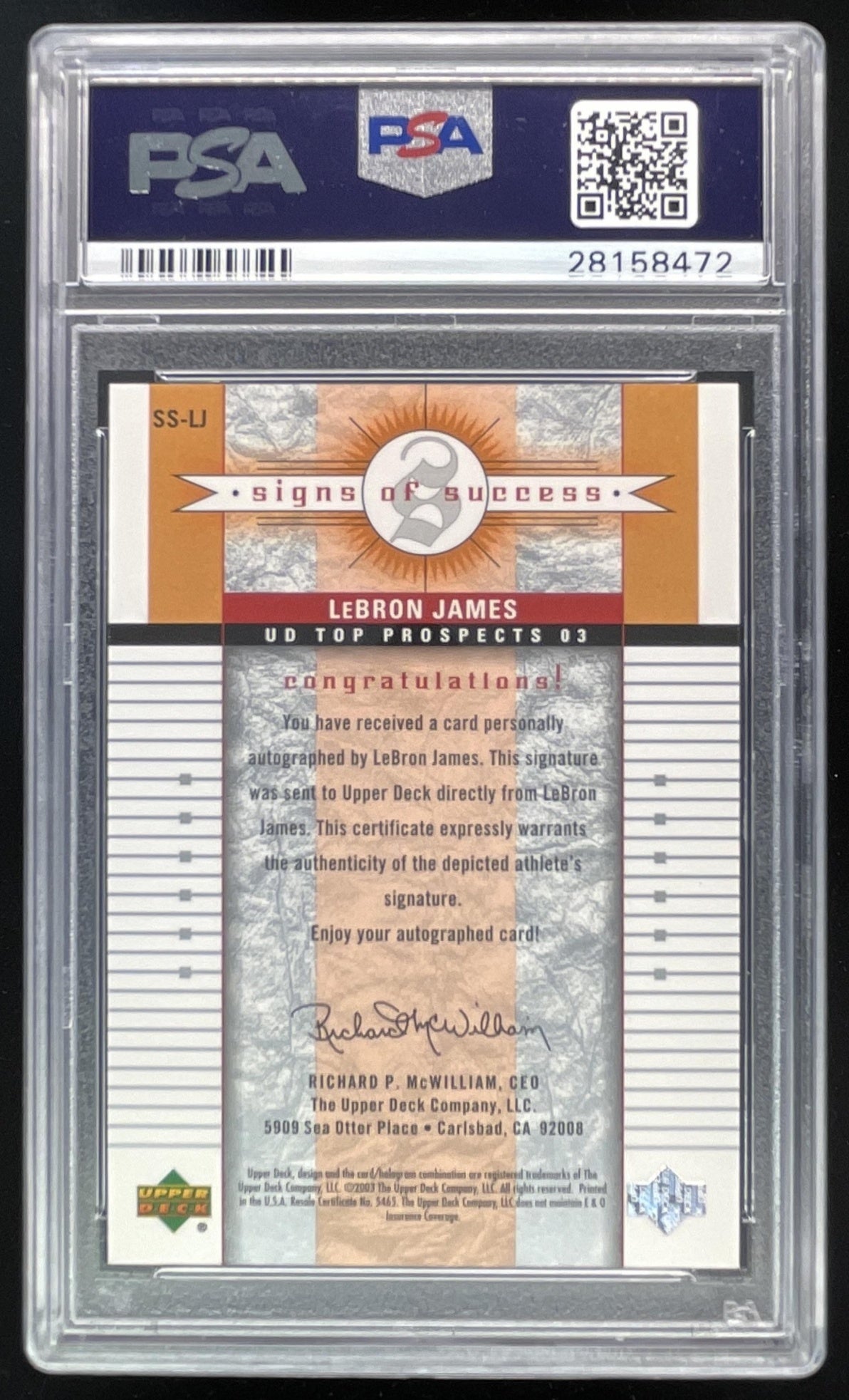 2003 Upper Deck Top Prospects Signs of Success #SSLJ LeBron James RC Auto PSA 10