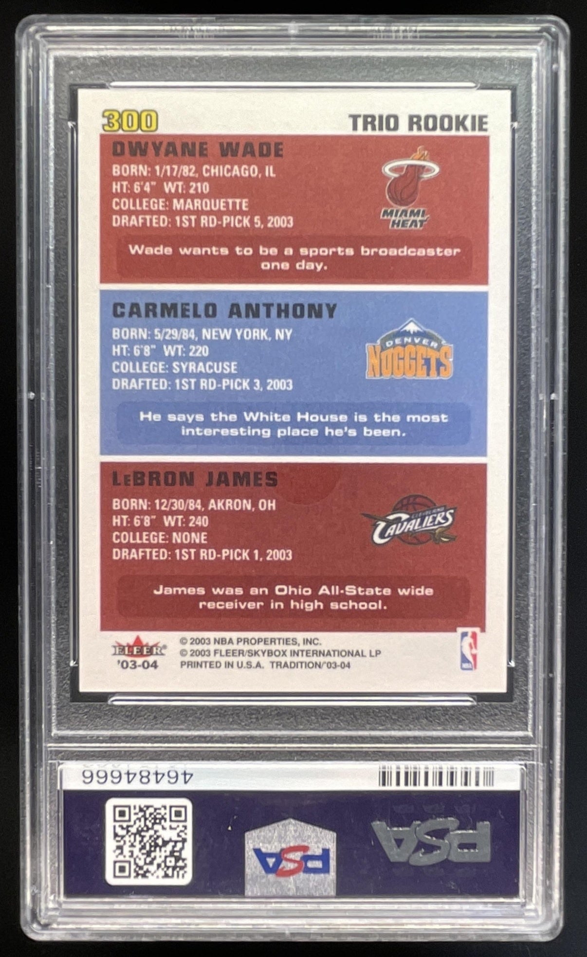 2003-04 Fleer Tradition #300 LeBron James Carmelo Anthony Dwyane Wade RC PSA 9