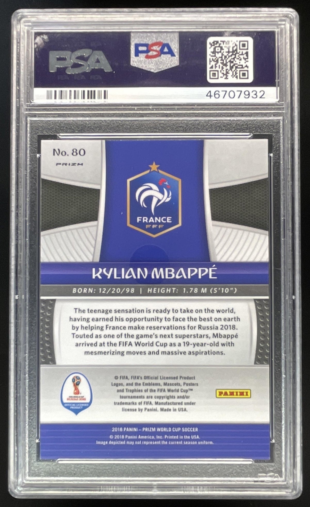 2018 Panini Prizm World Cup Silver Prizm #80 Kylian Mbappe RC PSA 10
