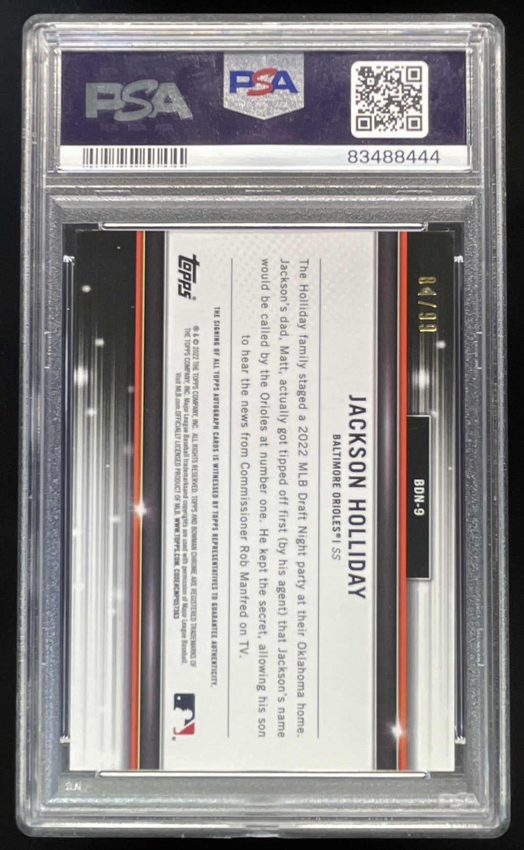 2022 Bowman Draft Bowman Night #BDN-9 Jackson Holliday Auto /99 PSA 10