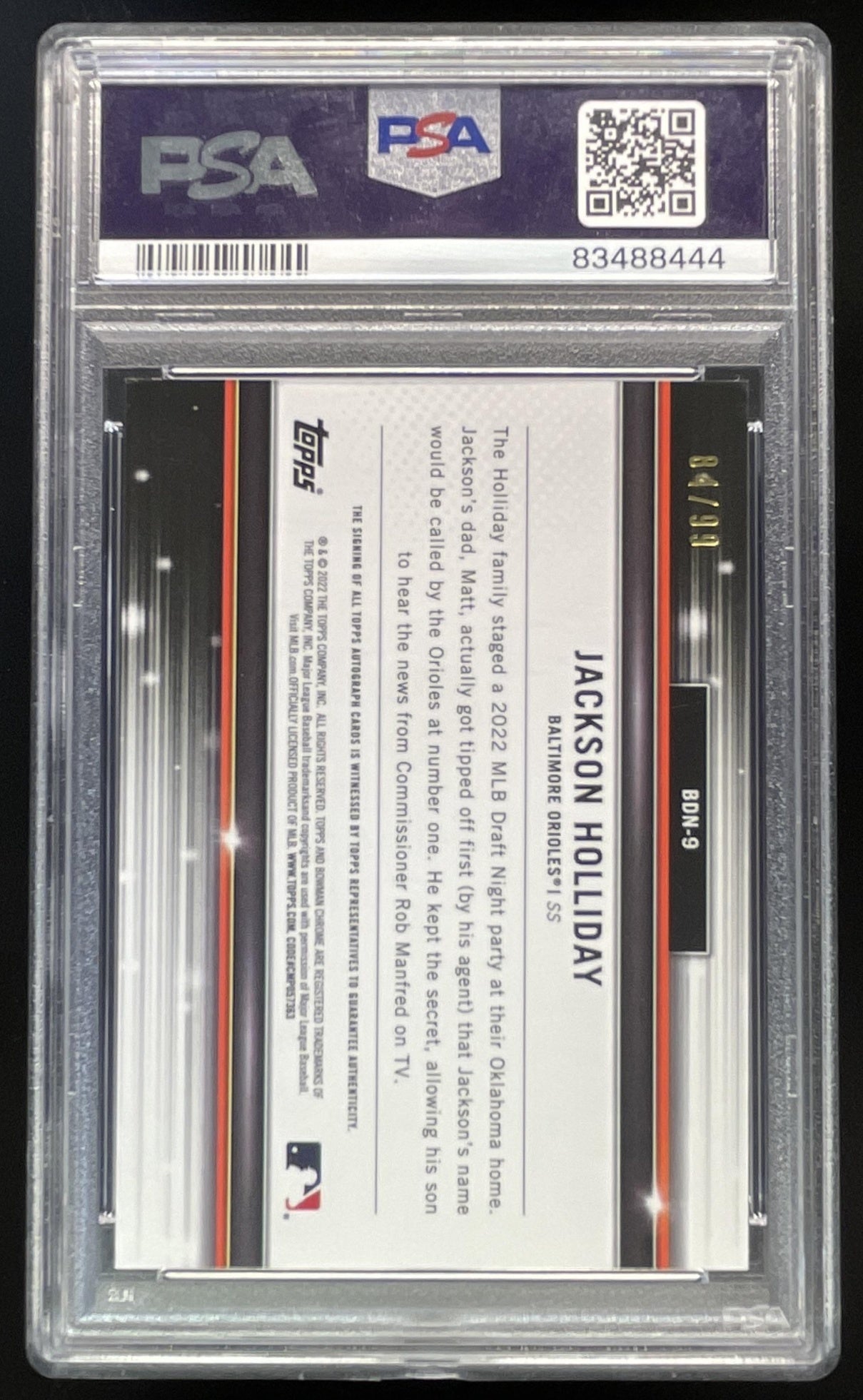 2022 Bowman Draft Bowman Night #BDN-9 Jackson Holliday Auto /99 PSA 10