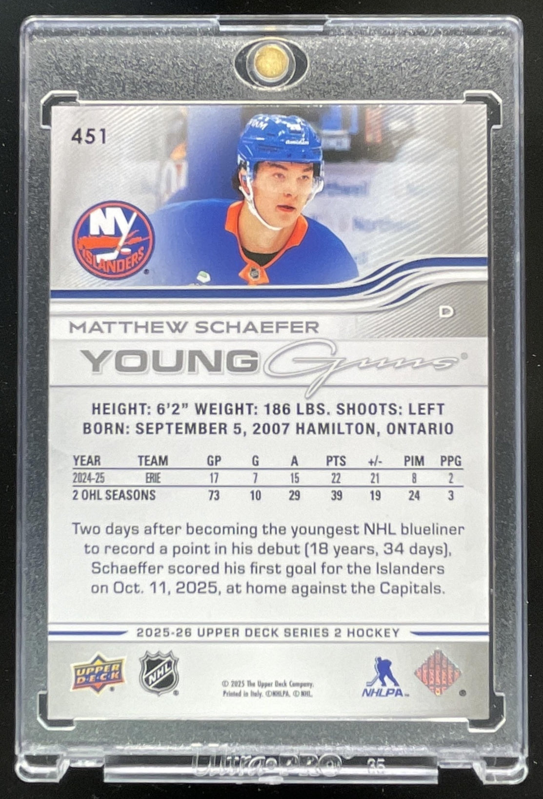 2025-26 Upper Deck Series 2 Young Guns #451 Matthew Schaefer RC