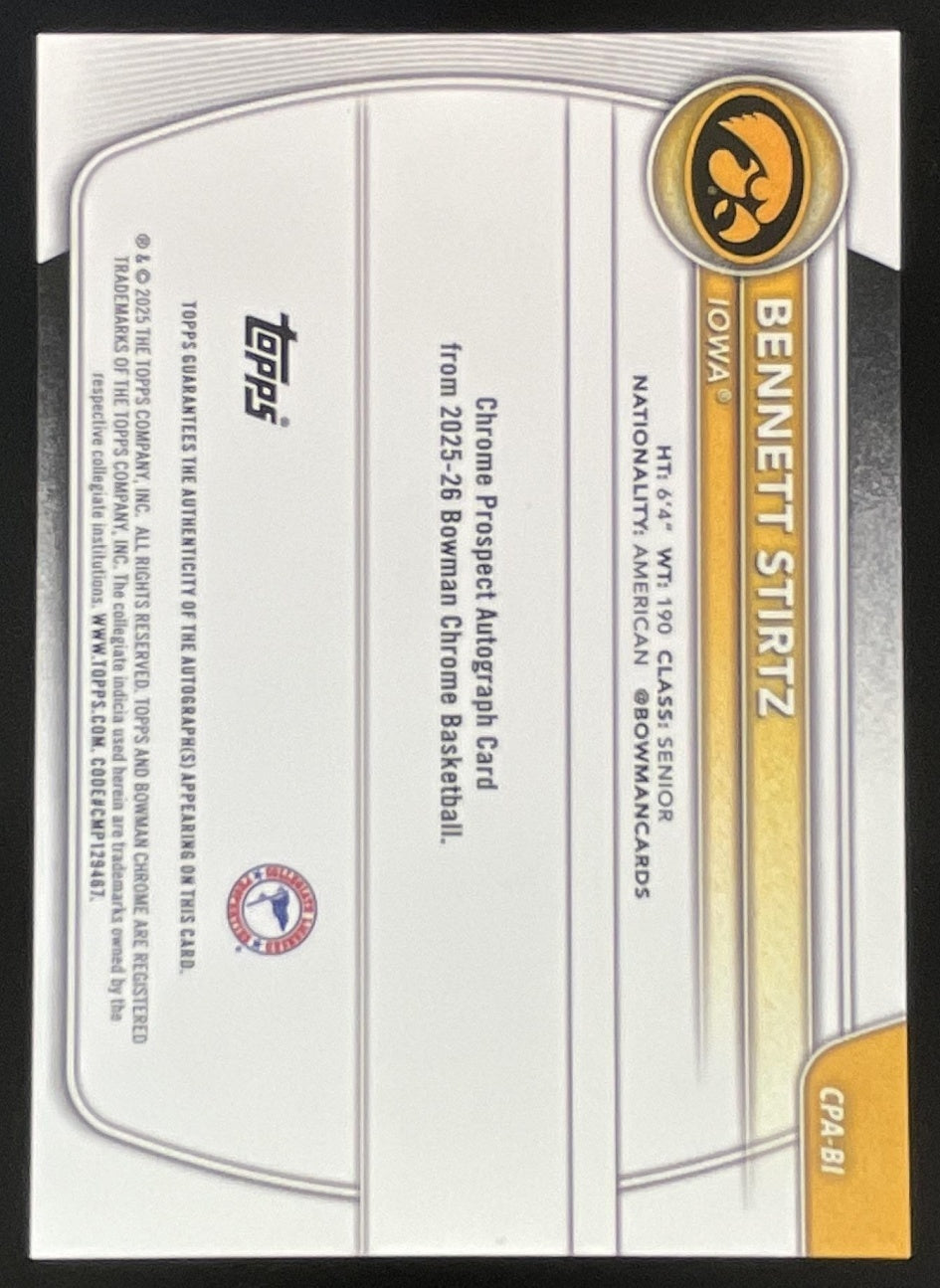 2025-26 Bowman Chrome Orange Shimmer  #CPA-BI Bennett Stirtz RC Auto /25