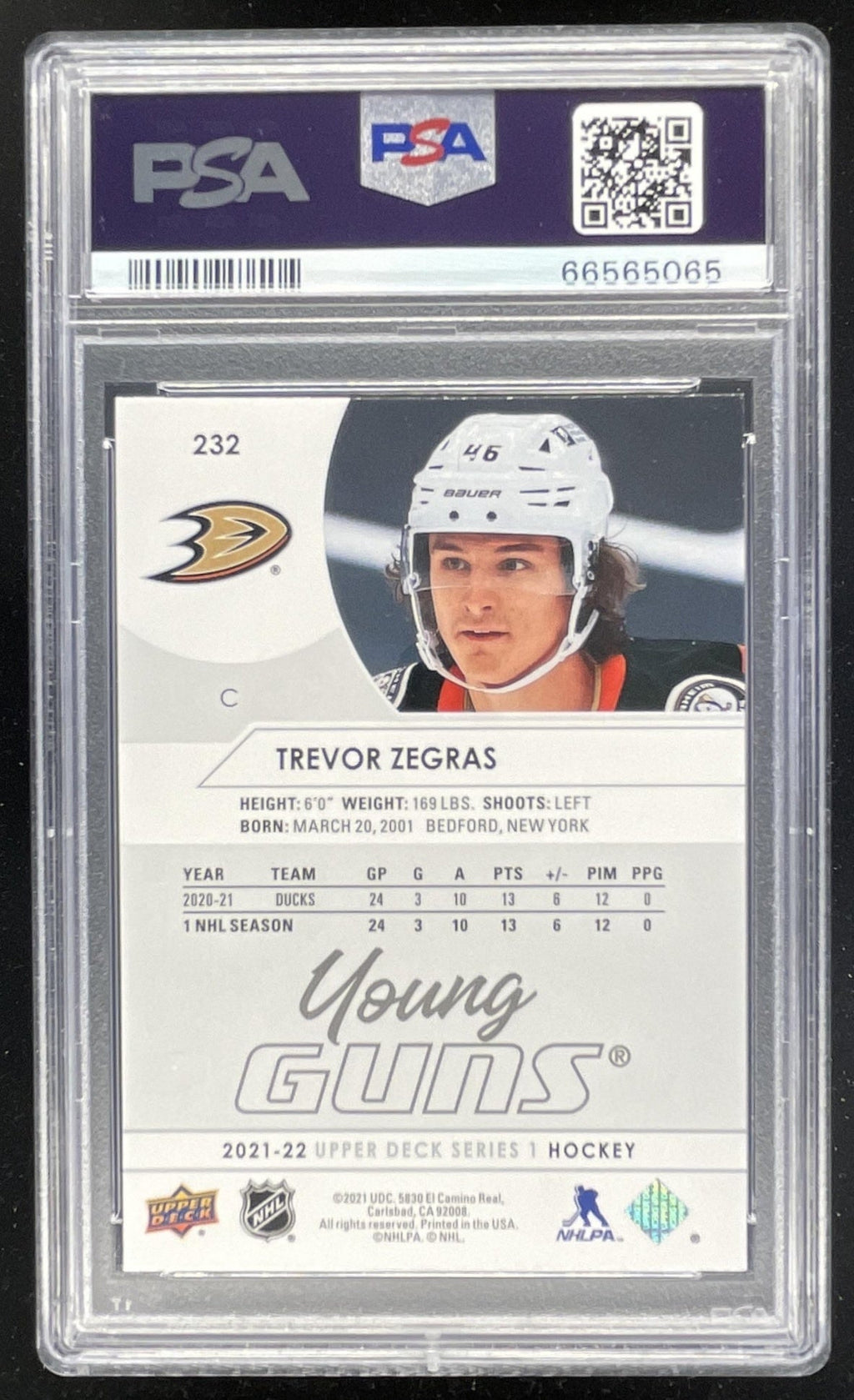 2021-22 Upper Deck #232 Trevor Zegras Young Guns RC PSA 10