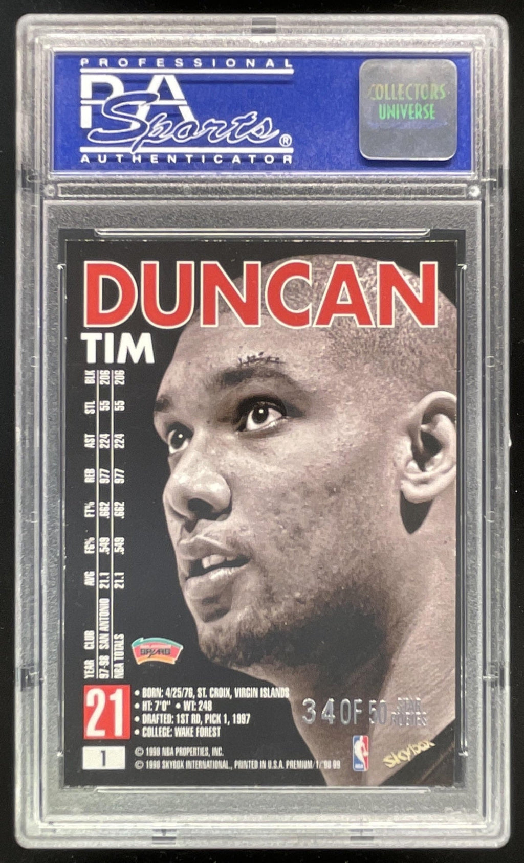 1998-99 Skybox x Premium Star Rubies #1 Tim Duncan /50 PSA 8
