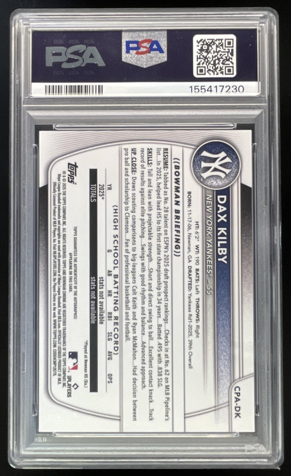 2025 Bowman Draft Chrome Yellow  #CPA-DK Dax Kilby RC Auto /75 PSA 9
