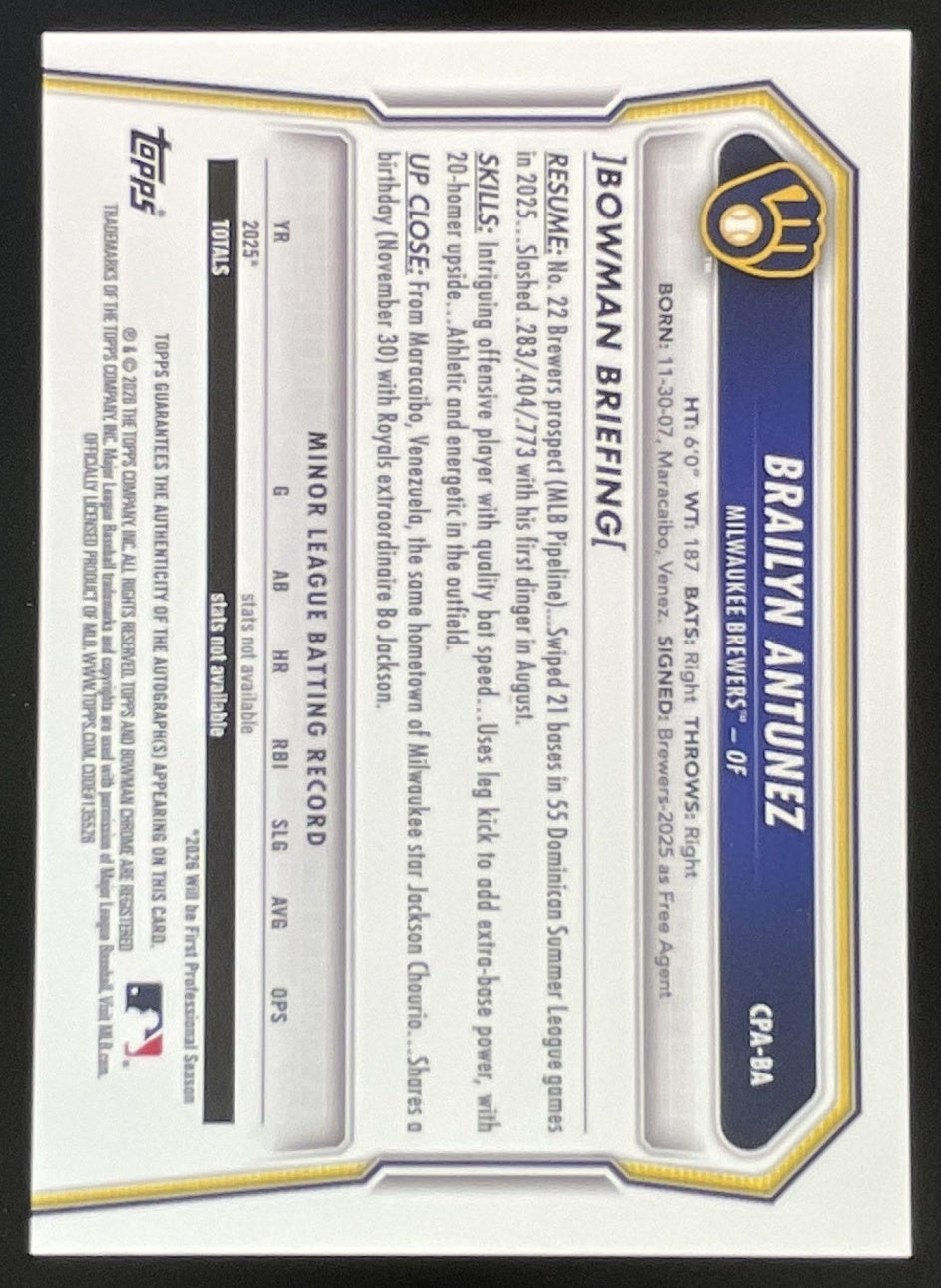 2026 Bowman Chrome Prospect Gold Lava  #CPA-BA Brailyn Antunez RC Auto /50