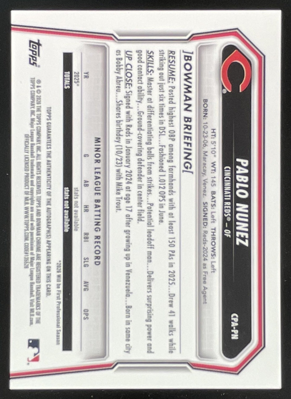 2026 Bowman Chrome Autograph Orange X-Fractor #CPA-PN Pablo Nunez RC Auto /25