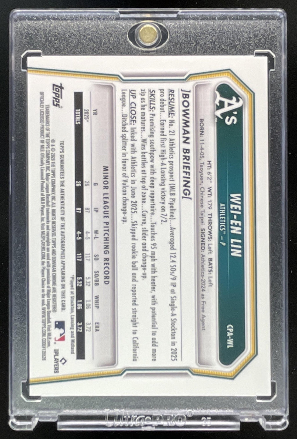 2026 Bowman Chrome Prospect Green Grass Refractor #CPA-WL Wei-En Lin RC Auto /99