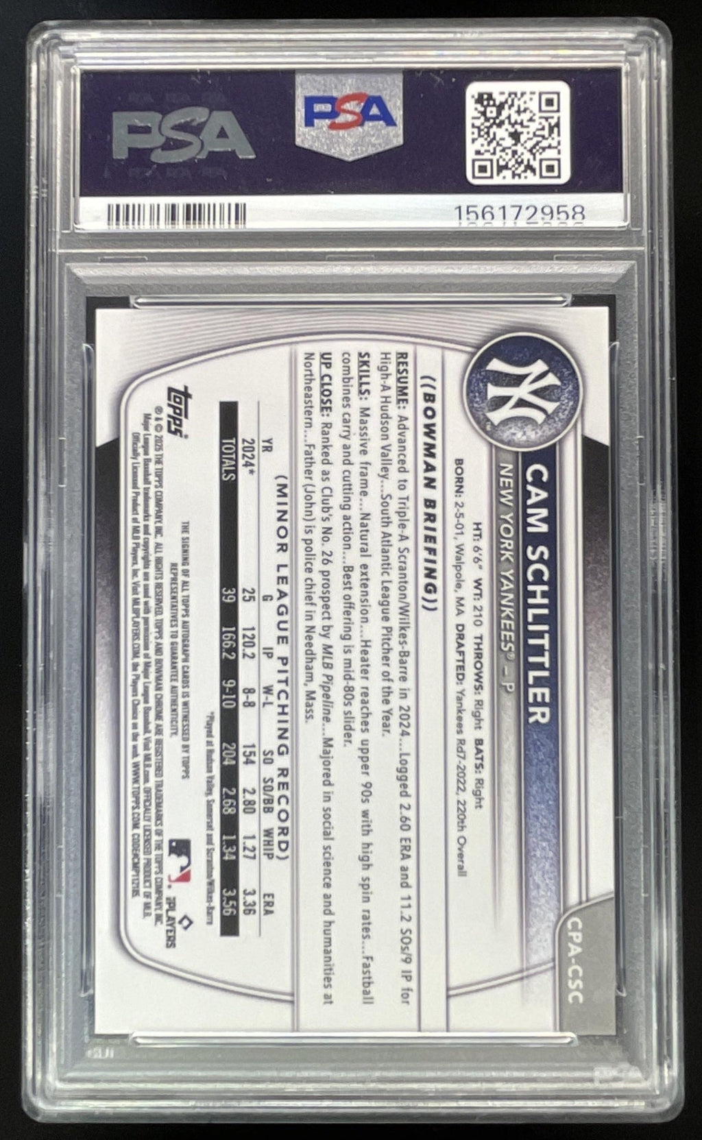 2025 Bowman Chrome Chrome Green  #CPA-CSC Cam Schlittler RC Auto /99 PSA 10