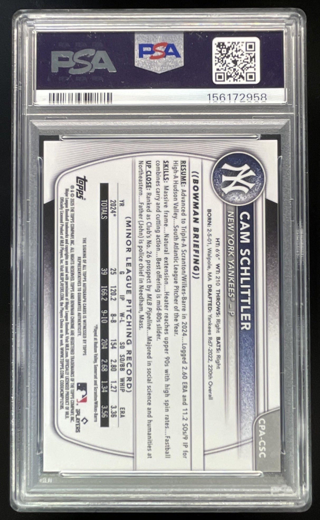 2025 Bowman Chrome Chrome Green  #CPA-CSC Cam Schlittler RC Auto /99 PSA 10