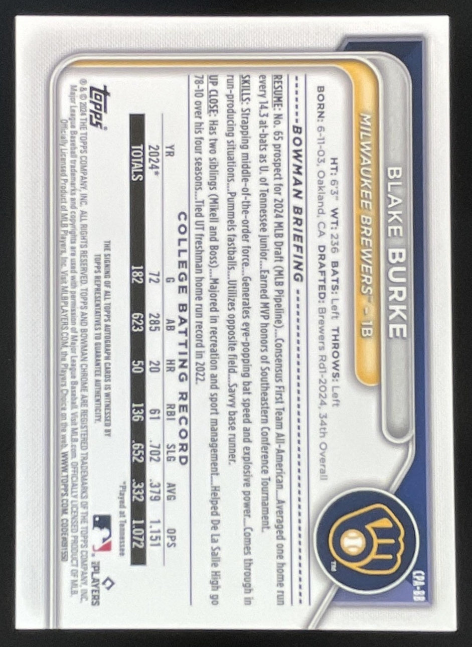 2024 Bowman Draft Chrome Prospect Green  #CPA-BB Blake Burke RC Auto /99