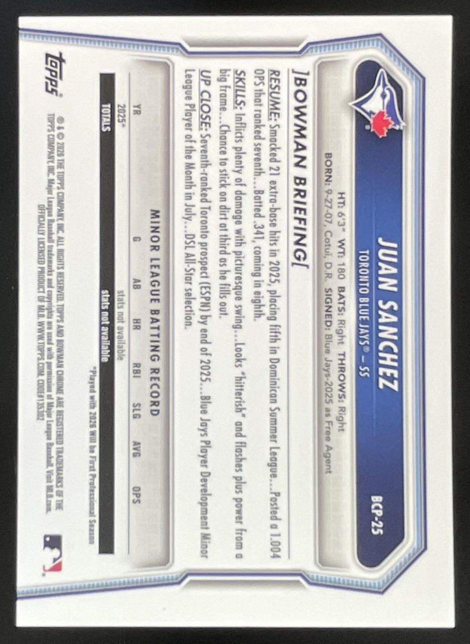 2026 Bowman Chrome Prospects Bowman LogoFractor #BCP-25 Juan Sanchez RC /35