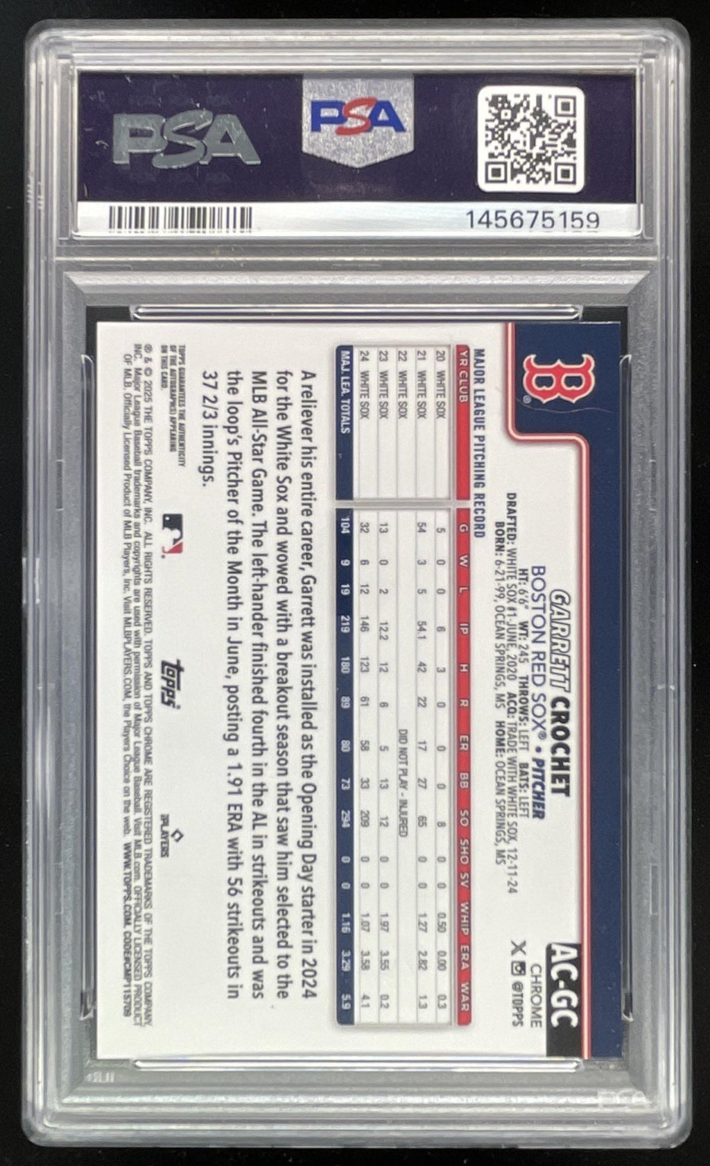 2025 Topps Chrome Update Gold Refractor #AC-GC Garrett Crochet Auto /50 PSA 10
