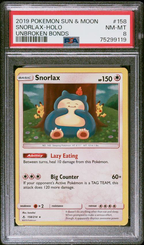 PSA 8 SNORLAX-HOLO UNBROKEN BONDS