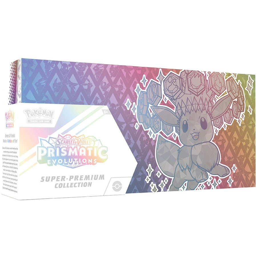 Pokémon-Sammelkartenspiel: Karmesin & Purpur – Prismatische Evolutionen Top-Trainer-Box (1 Full-Art-Holografische Promokarte, eine flauschige Evoli-Deckbox und 15 Boosterpacks)